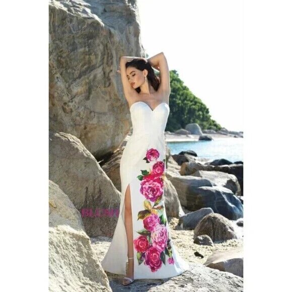 Blush By Alexia Ivory Strapless Sleeveless Floral Print Mikado Gown Prom - Picture 2 of 2